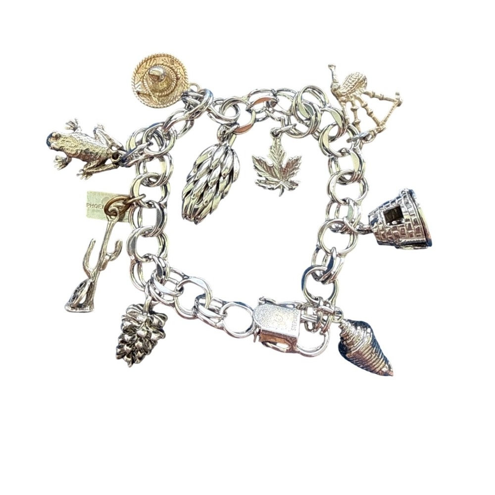 Vtg 925 Sterling Silver Charm Bracelet Frog Cactus Sewing Shell Sombrero Chunky - Picture 2 of 16